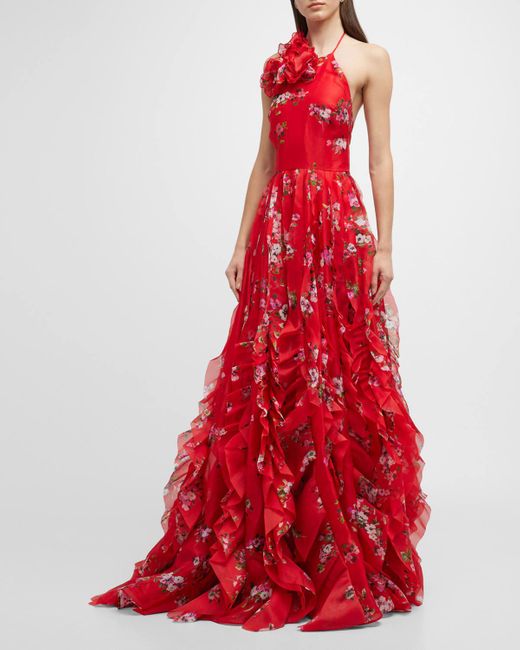 Carolina Herrera Red Floral-print Halter Ruffle-trim Gown
