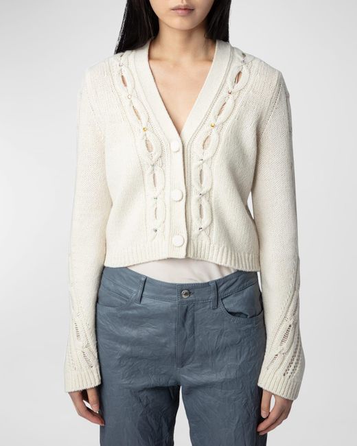 Zadig & Voltaire White Barley Cable-Knit Wool Cardigan