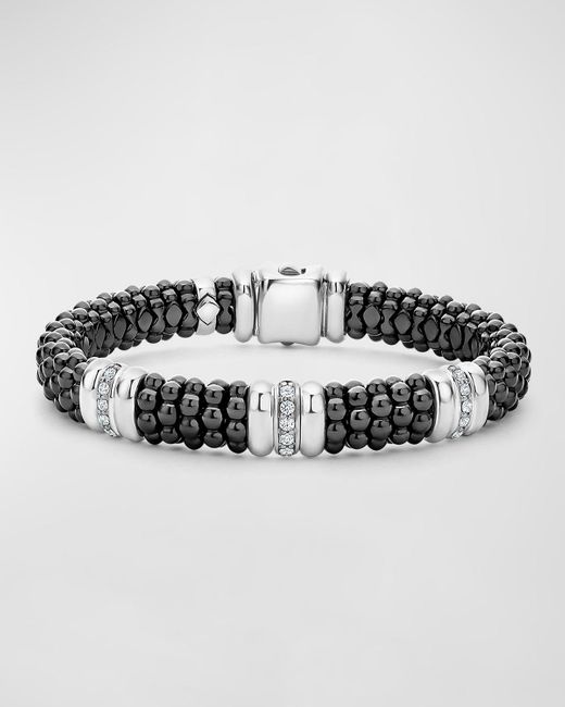 Lagos Metallic Three-station Black Caviar Bracelet With Diamonds, 9mm