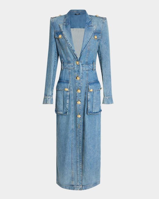 Balmain Blue Belted Pocket Detail V-Neck Denim Midi Dress