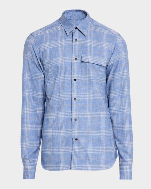 Kiton Blue Wool Plaid Snap-Front Overshirt for men