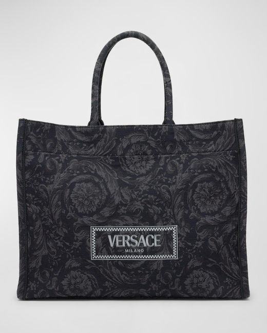 Versace Black Xl Jacquard Embroidered Canvas Tote Bag