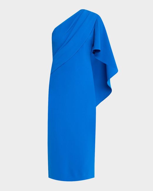 Badgley Mischka Blue Draped One-Shoulder Stretch Crepe Midi Dress