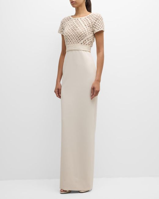 Pamella Roland White Crepe Column Gown With Embroidered Satin Ribbon Bodice
