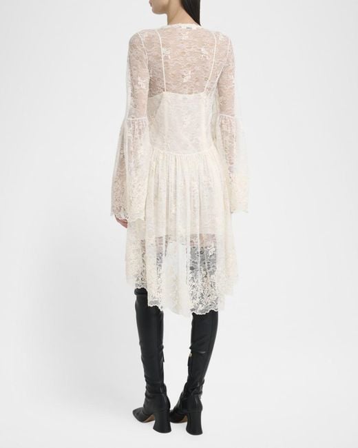 Chlo Lace U-Neck Long-Sleeve Mini Dress in Natural | Lyst