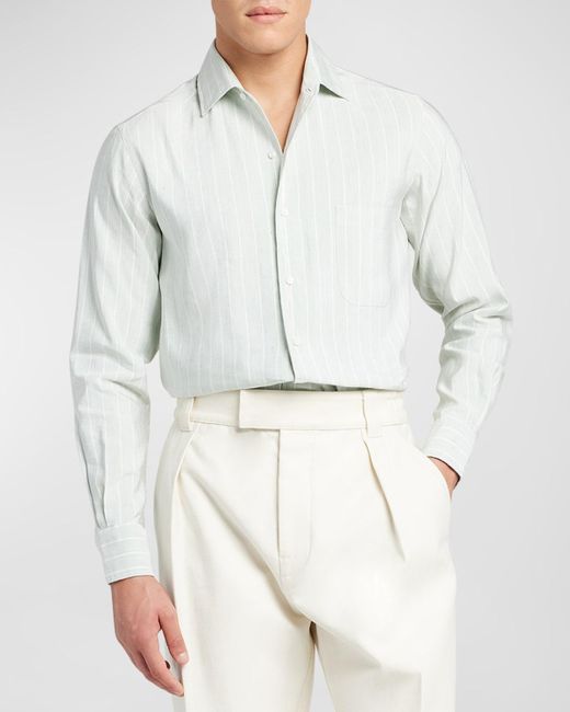 Loro Piana White Andre Linen-Silk Pinstripe Sport Shirt for men