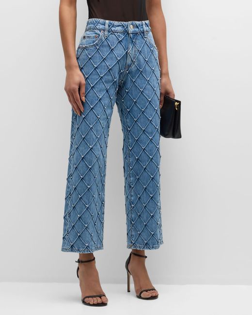 Alice + Olivia Blue Weezy Quilted Embellished Cropped Jeans