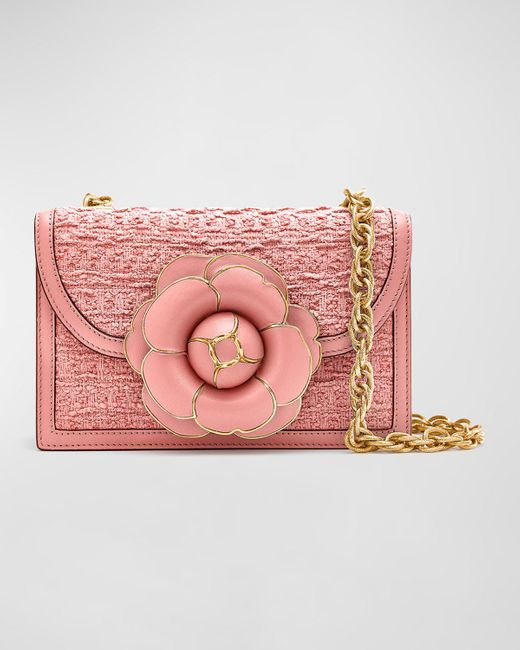 Oscar de la Renta Pink Flower Tweed Chain Shoulder Bag