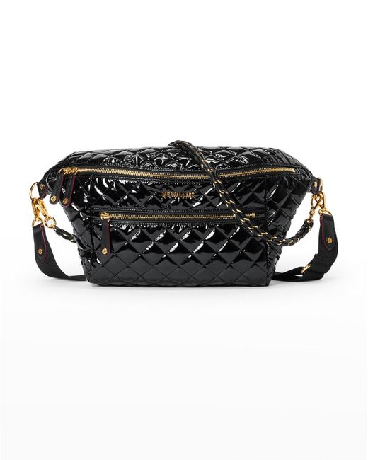 MZ Wallace Black Crosby Patent Quilted Sling Belt Bag