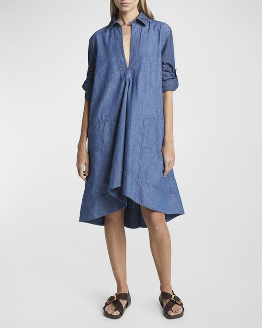 Loewe Blue X Paula Ibiza Denim Wrap Tunic Dress With Rolled Cuff Sleeves