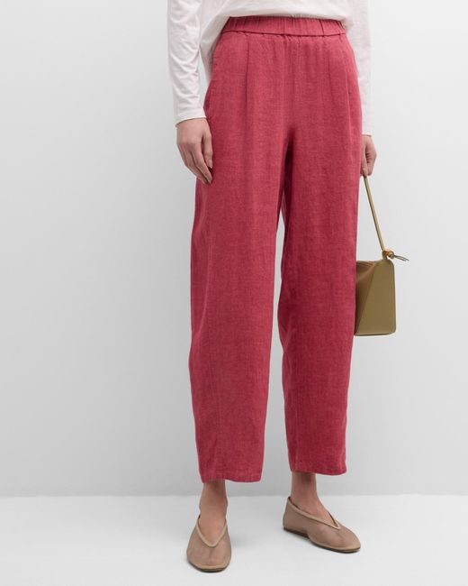 Eileen Fisher Red Pleated Cropped Organic Linen Lantern Pants