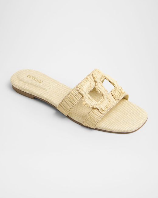 Jonathan Simkhai White Raffia Monogram Flat Slide Sandals