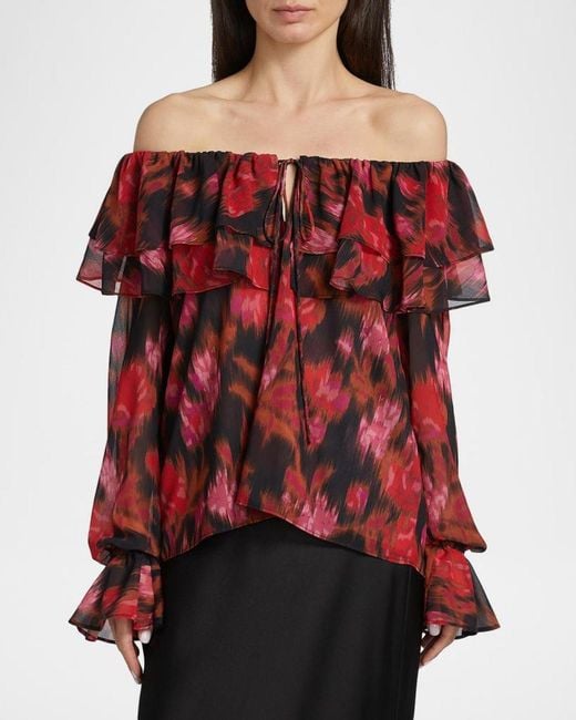 MISA Los Angles Red Patsy Floral Chiffon Off-Shoulder Top
