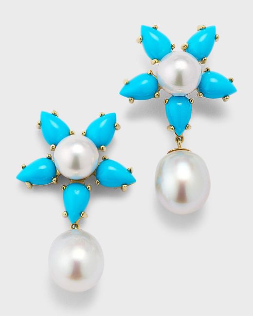Pearls By Shari Blue 18k Yellow Gold Turquoise, Akoya Pearl And South Sea Pearl Earrings
