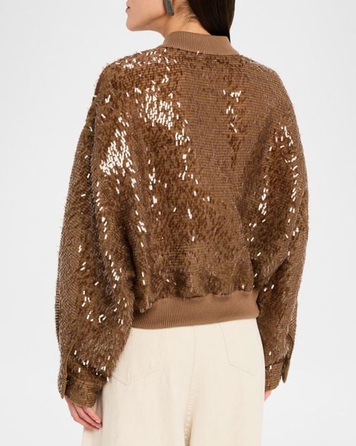 Brunello Cucinelli Brown Sequined Silk Bomber Jacket