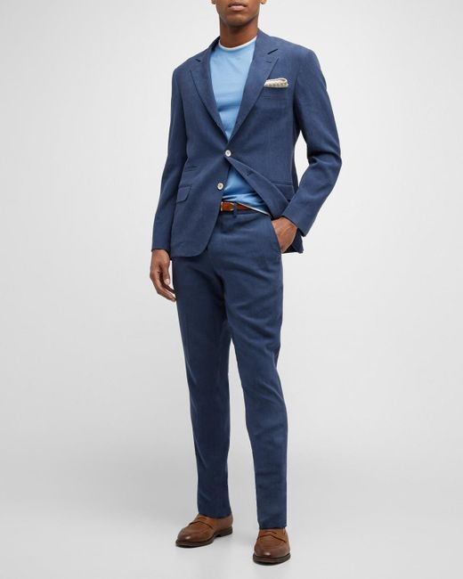 Brunello Cucinelli Blue Solid Linen Suit for men