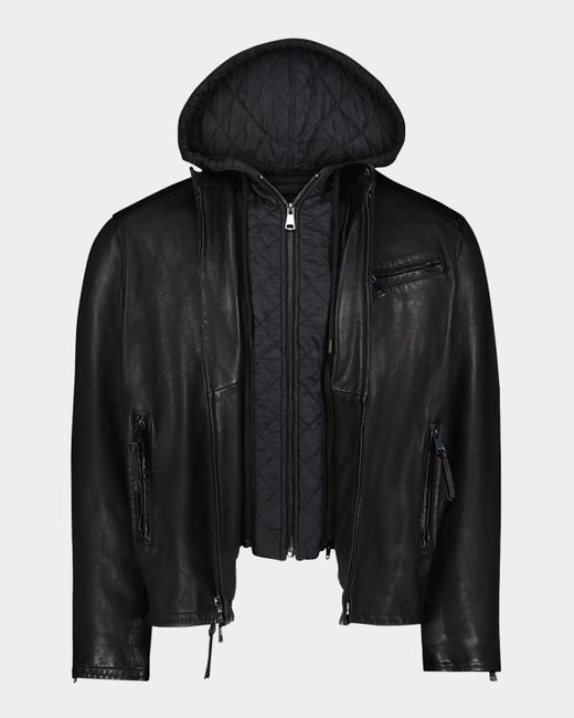 Robert Graham Black Cedro Leather Moto Jacket With Nylon Hooded Bib for men