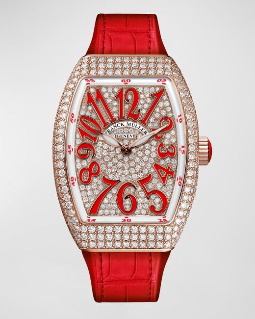Franck Muller Red 18K Rose Diamond Lady Vanguard Watch With Alligator Strap