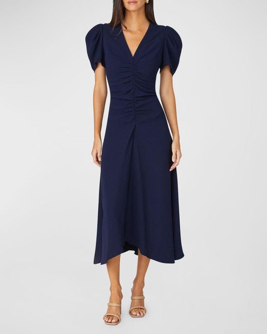 Shoshanna Blue Dali Ruched Puff-Sleeve Midi Dress