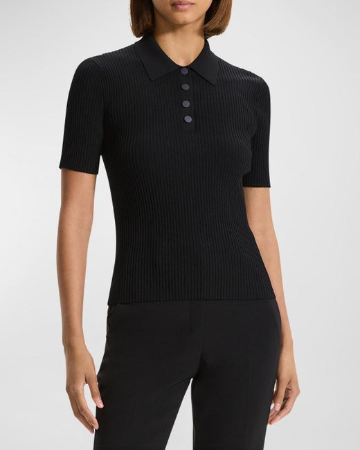 Theory Black Ribbed Compact Crepe Short-sleeve Polo Shirt
