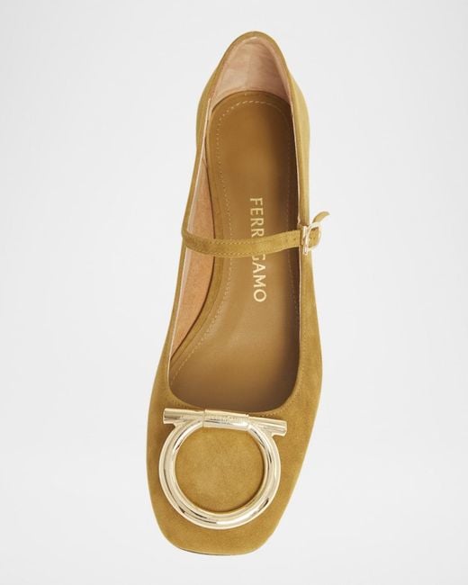 Ferragamo Metallic Marry Suede Gancini Ballerina Flats