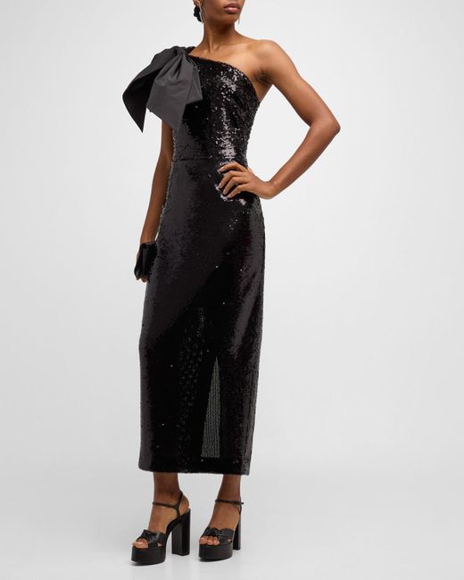 Veronica Beard Black Bader Sequin One-Shoulder Bow Midi Dress