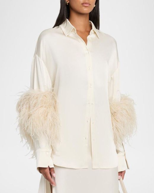 LAPOINTE Natural Satin Button-Down Blouse With Feather Trim