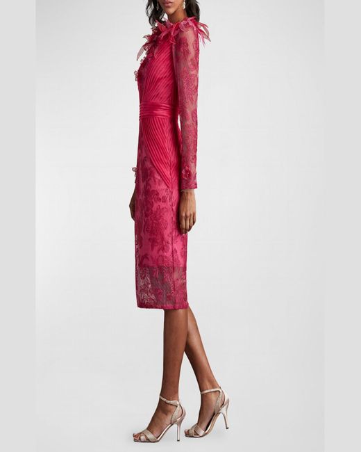 Tadashi Shoji Pleated Floral-Embroidered Illusion Midi Dress