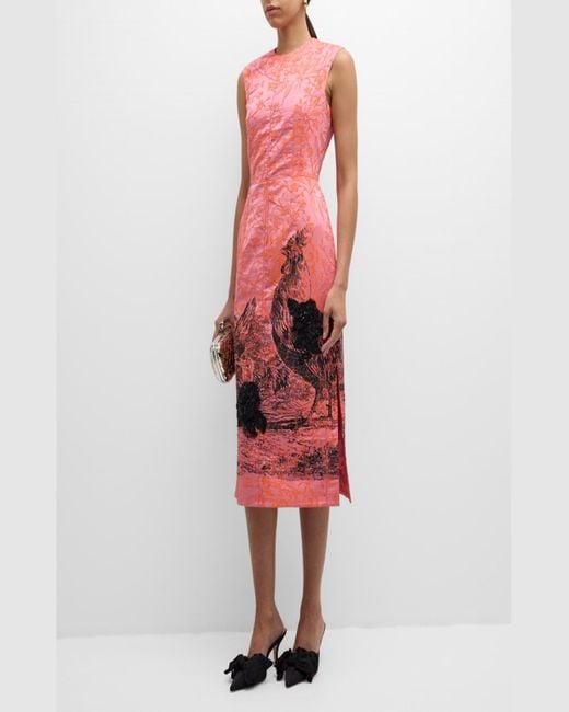 Erdem Red Sequined Chicken-Print Sleeveless Bow Floral Brocade Midi Dress