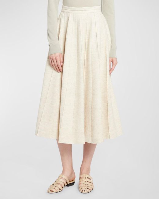Loro Piana Natural Fumiko Pleated Wool Silk Linen Midi Skirt