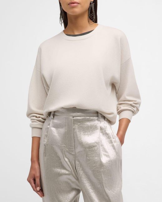 Brunello Cucinelli White Cashmere Sweater With Monili Collar Insert