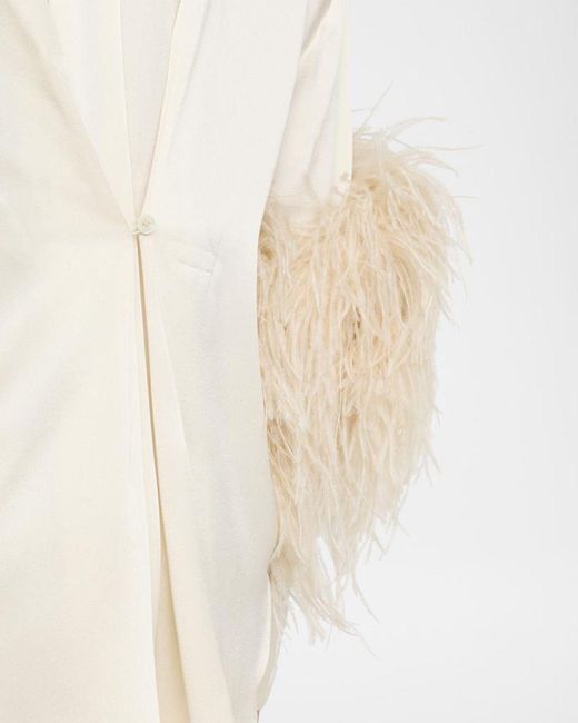 LAPOINTE Natural Satin Button-Down Blouse With Feather Trim