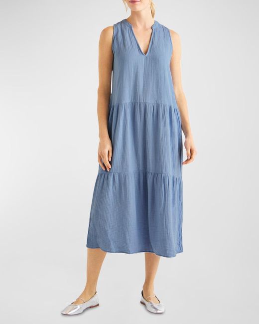 Splendid Blue Sumner Cotton Gauze Sleeveless Midi Dress With Pockets