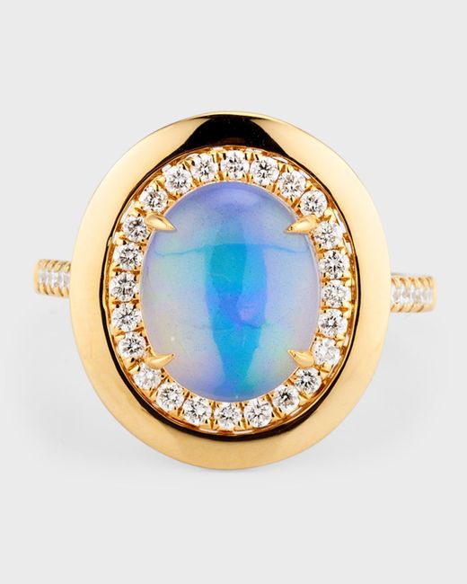 David Kord Blue 18k Yellow Gold Ring With Oval Opal And Diamonds, Size 7, 2.22tcw