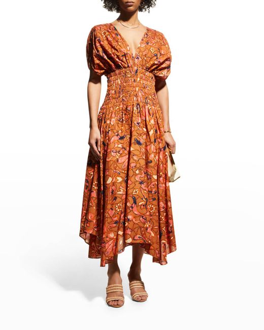 A.L.C. Orange Lucia Floral V Neck Smocked Waist A-line Midi Dress