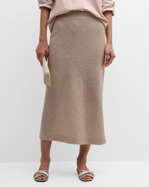 Brunello Cucinelli Natural Cashmere Silk Linen Paillette Midi Skirt