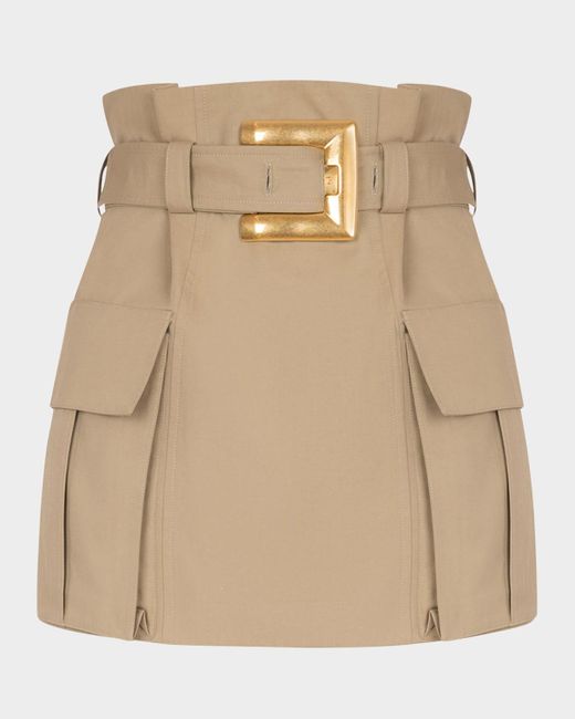 Balmain Natural Belted Gabardine Mini Cargo Skirt