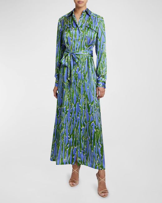 Santorelli Green Zara Abstract-Print Charmeuse Maxi Shirtdress