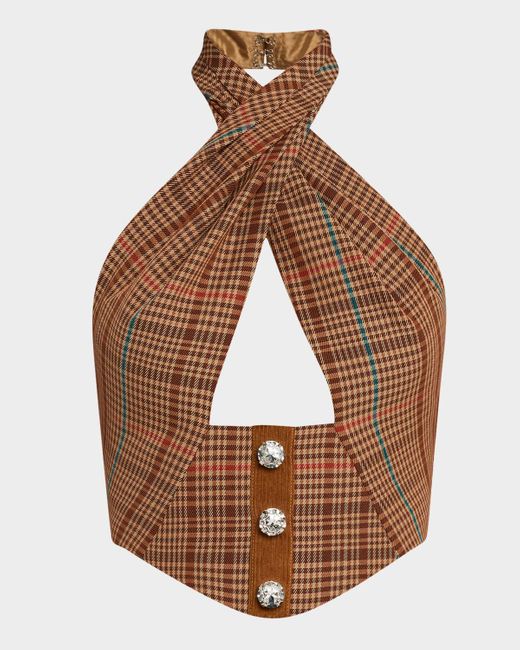 Area Brown Crystal-Button Check Crop Halter Top