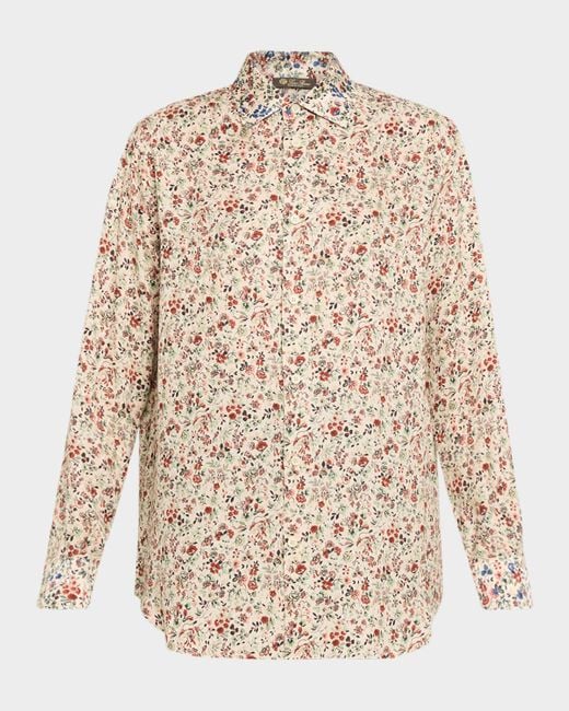 Loro Piana Natural Thea Floral-Print Silk Button-Down Shirt