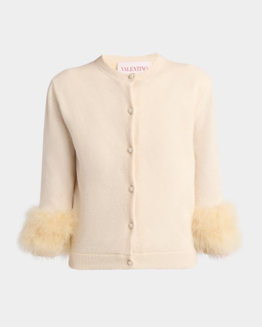 Valentino Garavani Natural Feather-Cuff Crewneck Cardigan