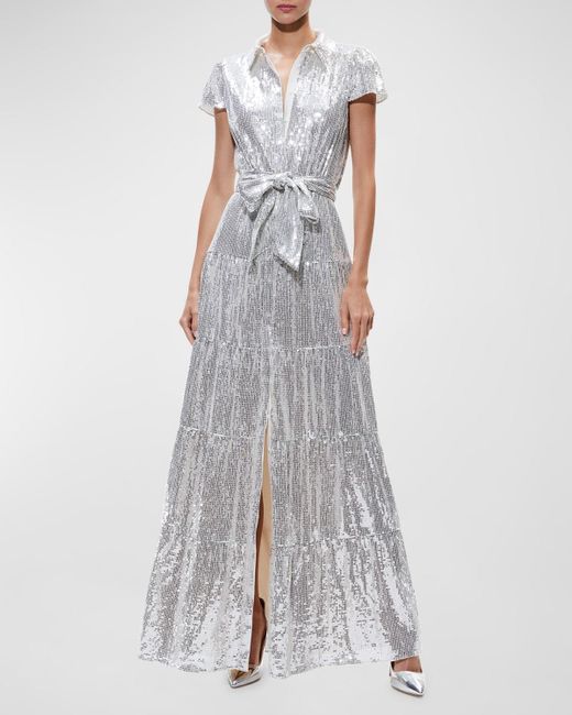 Alice + Olivia White Miranda Short-Sleeve Sequined Maxi Dress