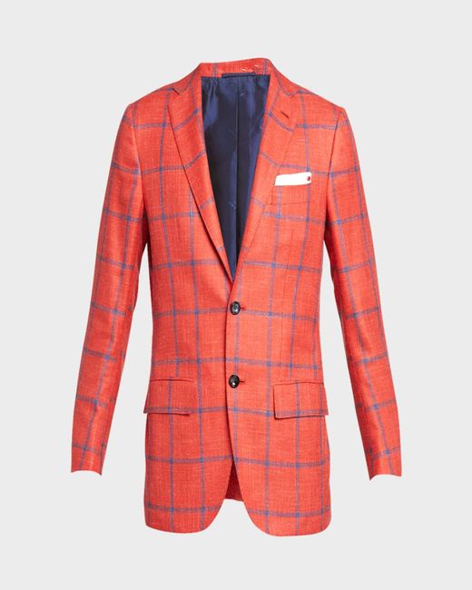 Kiton Red Windowpane Wool-Silk Sport Coat for men