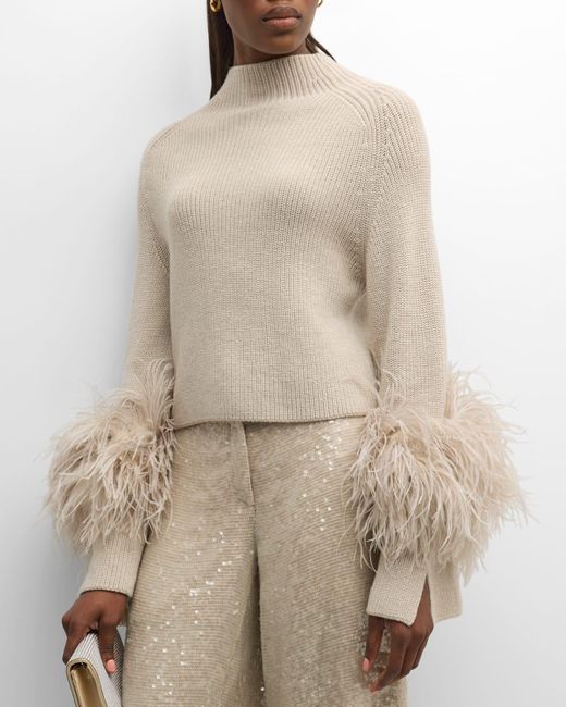 LAPOINTE Natural Feather-Trim Slit-Sleeve Crop Sweater