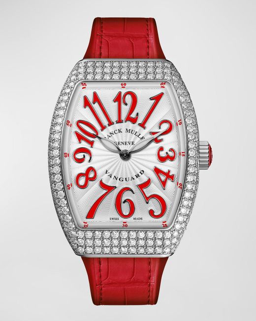 Franck Muller Lady Vanguard Watch With Diamonds & Alligator Strap, Red