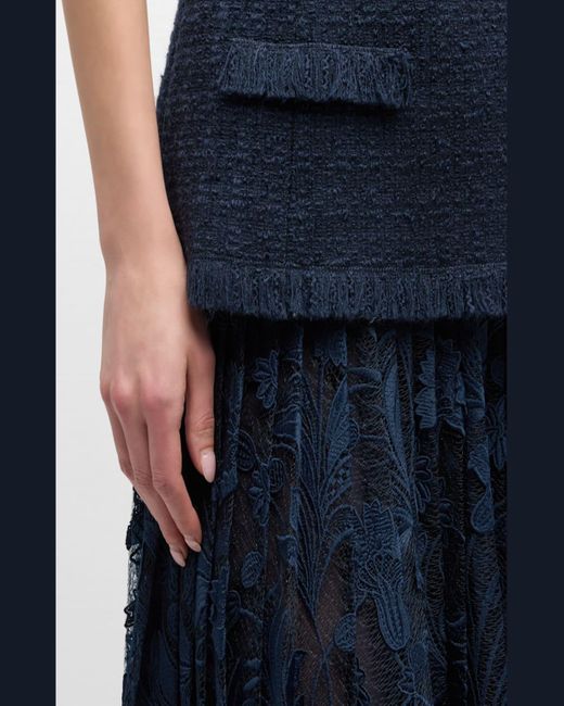 Oscar de la Renta Blue Short-Sleeve Tweed And Guipure Skirt Midi Dress With Self Belt