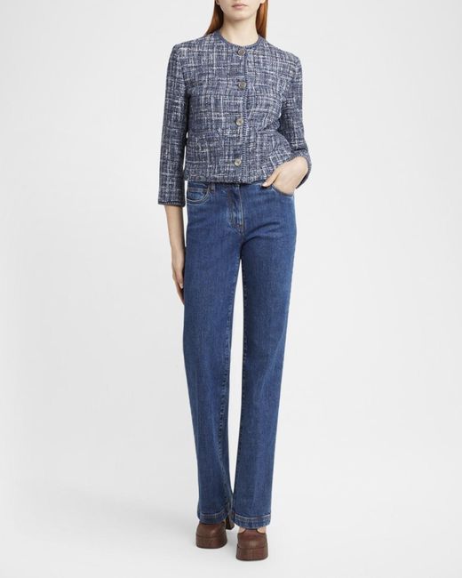 Etro Blue Single-Breasted Tweed Crop Jacket