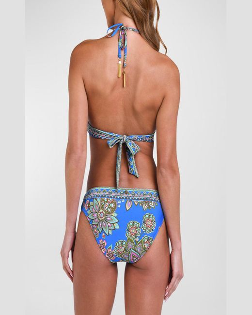 Sunshine 79 Blue Beatnik Blossoms Banded Halter Bikini Top