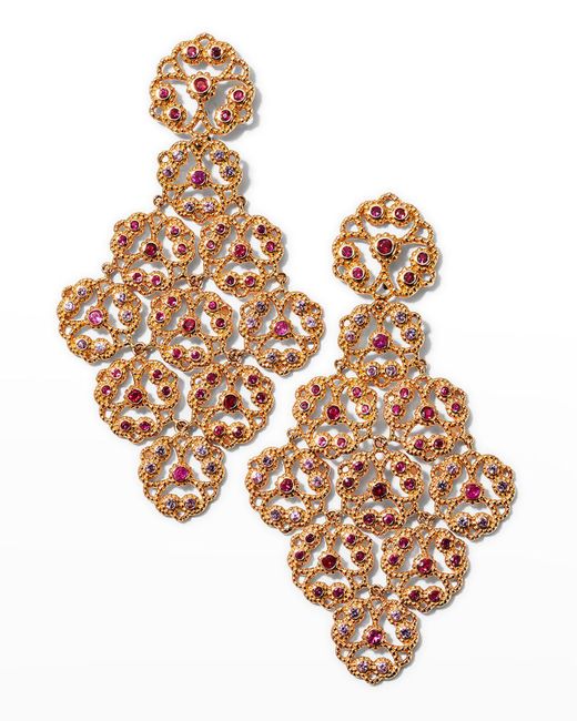 Alexander Laut Multicolor Rose Gold Ruby And Sapphire Flower Drop Earrings