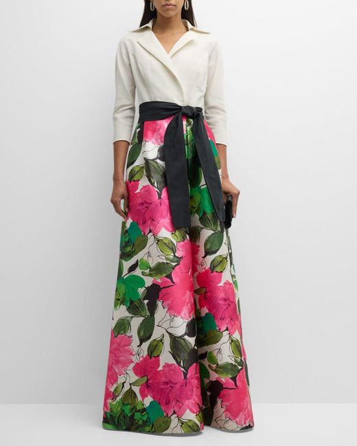 Teri Jon White Belted Floral-Print A-Line Gown